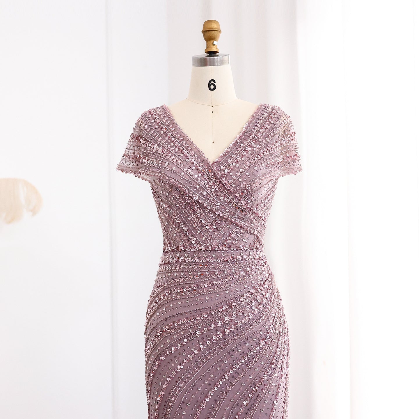 Luxury Silver Nude Mermaid Evening Dress with Cap Sleeves SS045