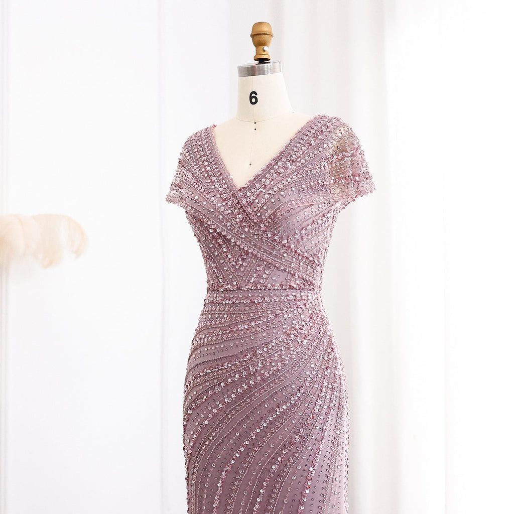 Luxury Silver Nude Mermaid Evening Dress with Cap Sleeves SS045