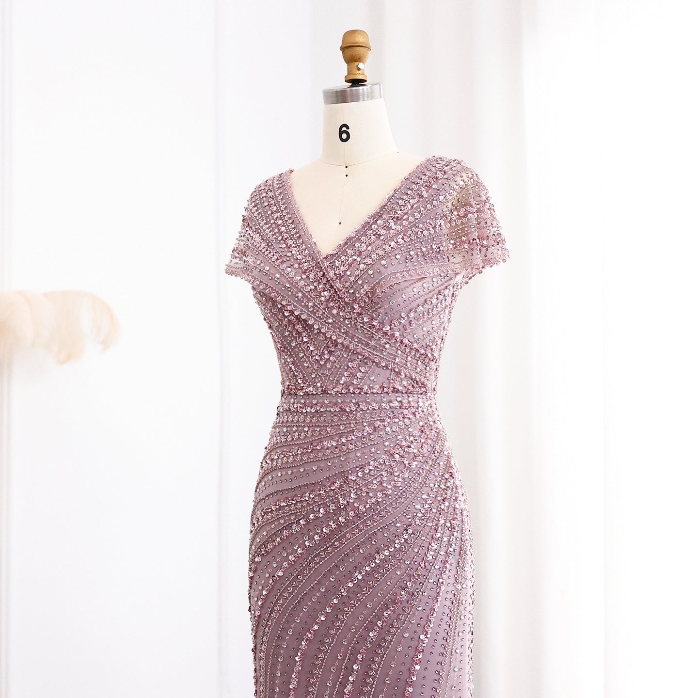 Luxury Silver Nude Mermaid Evening Dress with Cap Sleeves SS045