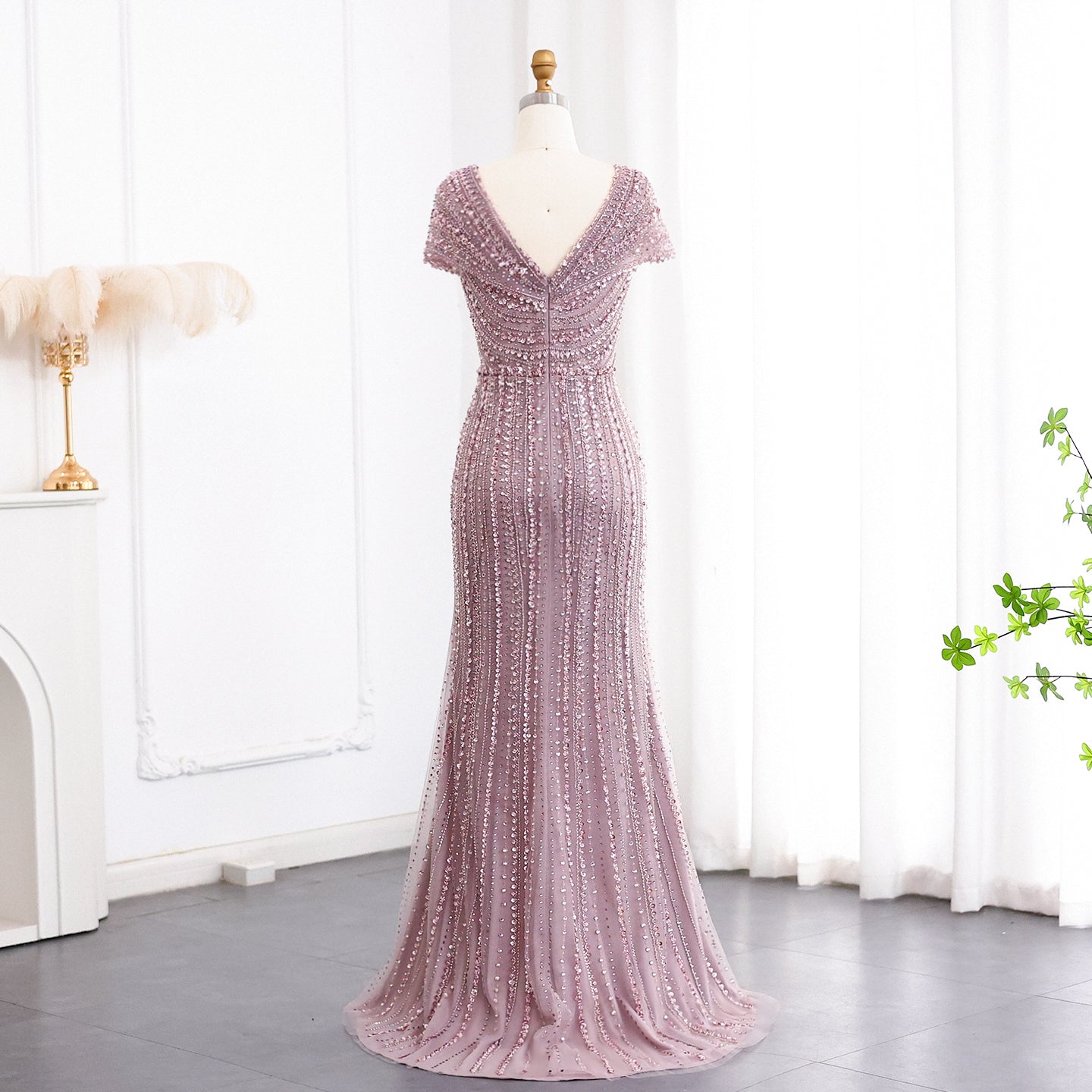 Luxury Silver Nude Mermaid Evening Dress with Cap Sleeves SS045