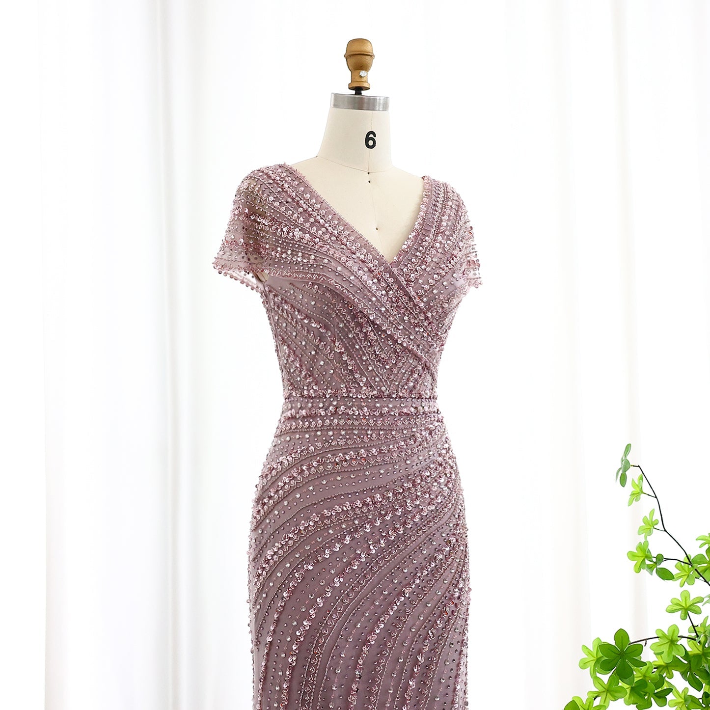 Luxury Silver Nude Mermaid Evening Dress with Cap Sleeves SS045