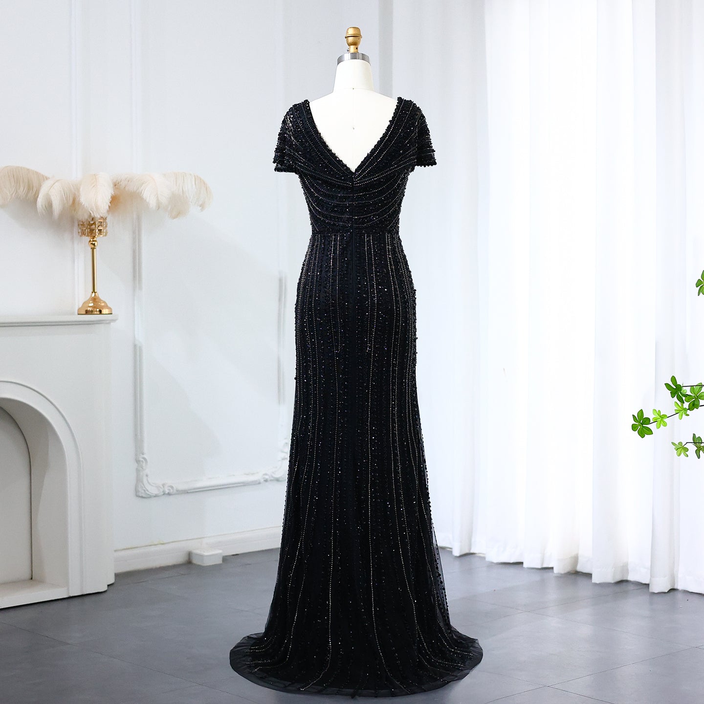 Luxury Silver Nude Mermaid Evening Dress with Cap Sleeves SS045