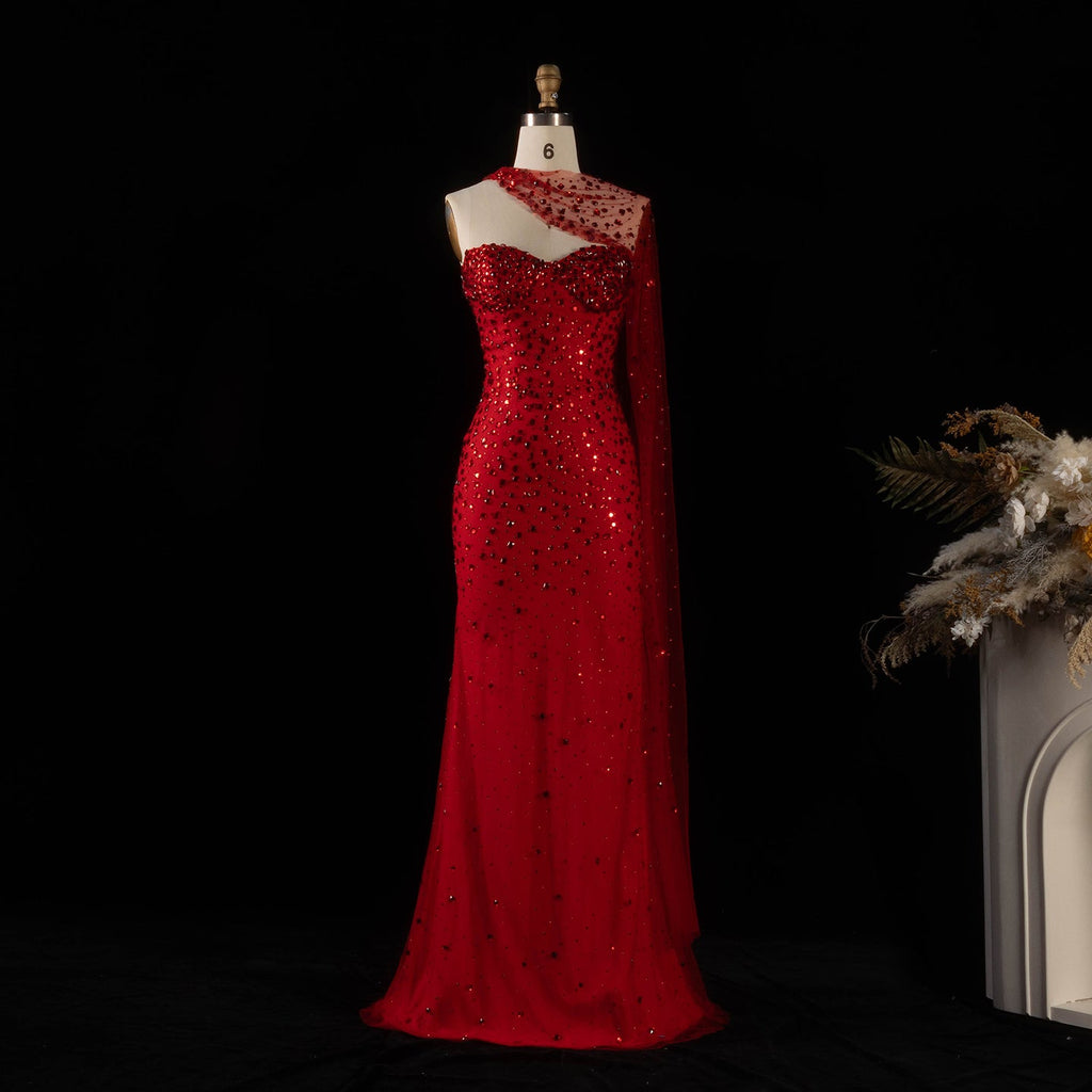 Luxury Red Sheer Mesh Crystal Beaded Mermaid Evening Dress with Cape SS711
