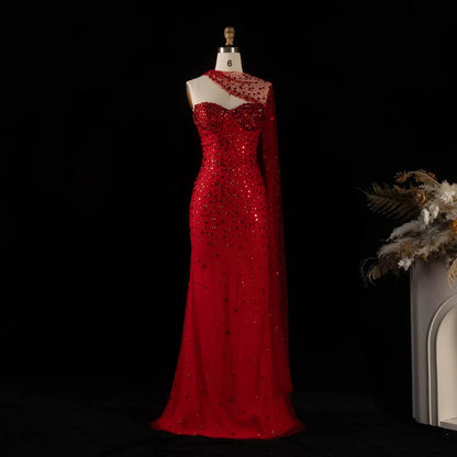 Glamorous Red Sheer Mesh Crystal Beaded Mermaid Evening Dress with Cape SS711