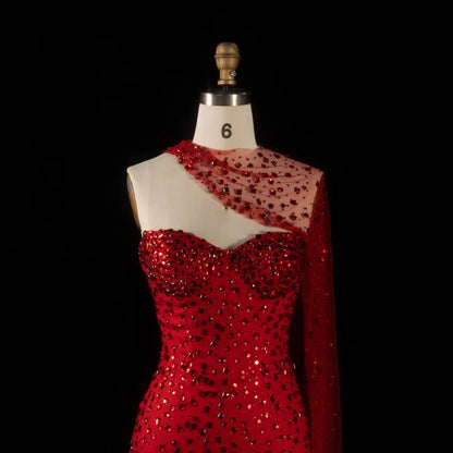 Glamorous Red Sheer Mesh Crystal Beaded Mermaid Evening Dress with Cape SS711