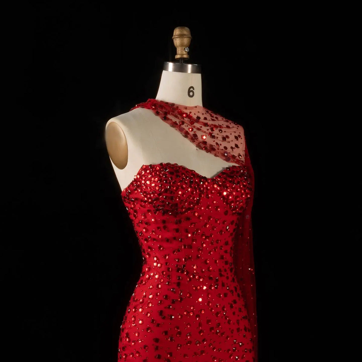 Glamorous Red Sheer Mesh Crystal Beaded Mermaid Evening Dress with Cape SS711
