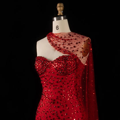 Glamorous Red Sheer Mesh Crystal Beaded Mermaid Evening Dress with Cape SS711
