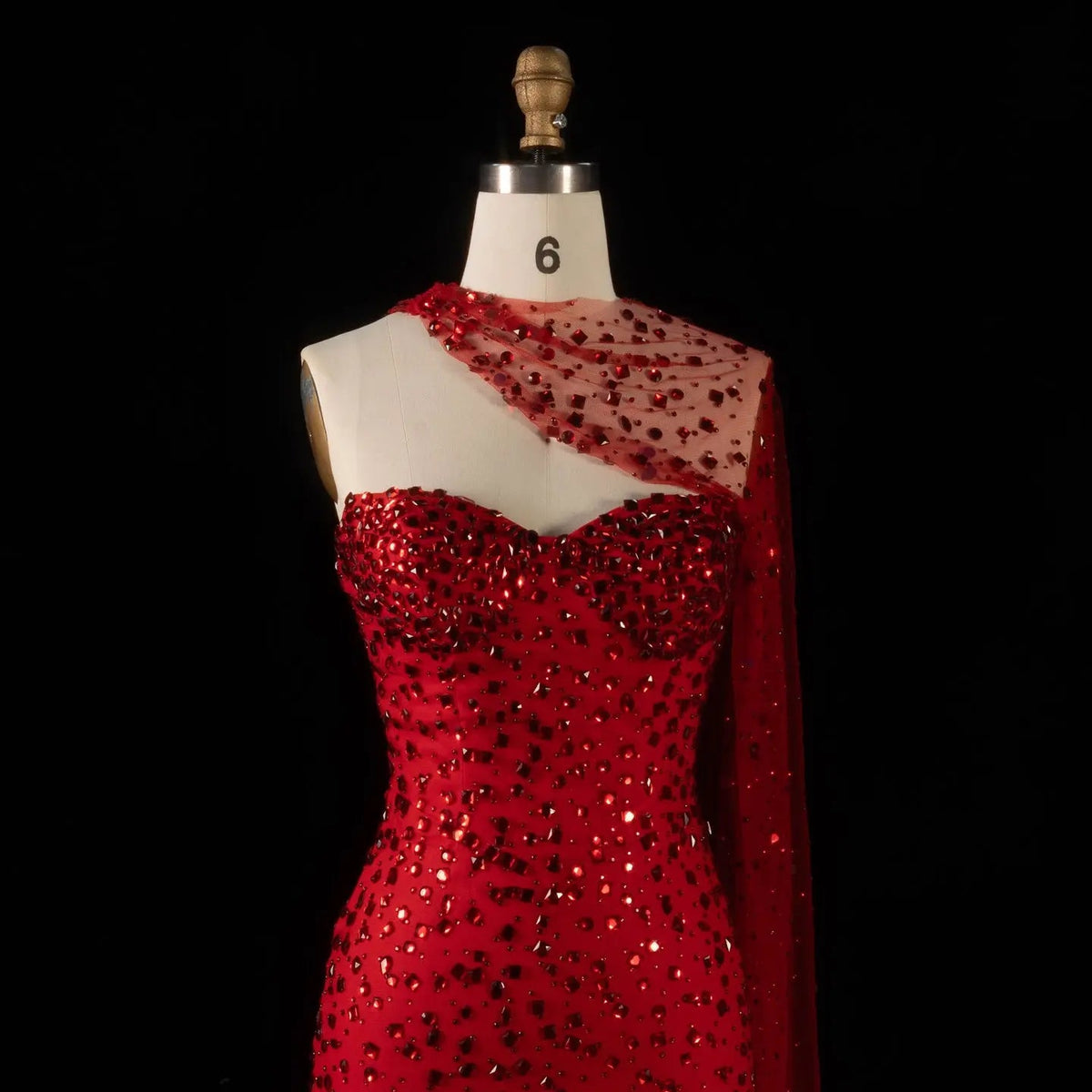 Glamorous Red Sheer Mesh Crystal Beaded Mermaid Evening Dress with Cape SS711