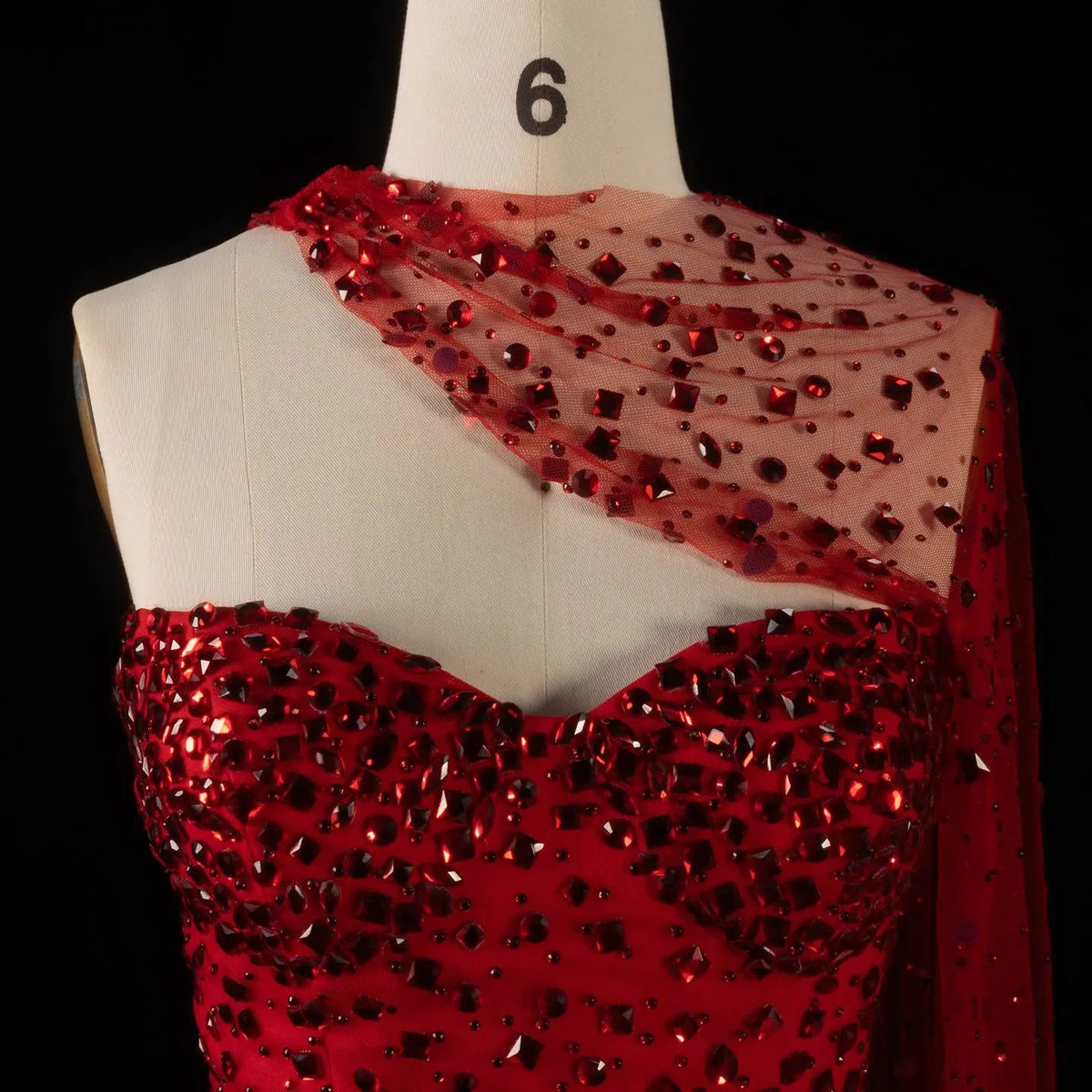 Glamorous Red Sheer Mesh Crystal Beaded Mermaid Evening Dress with Cape SS711