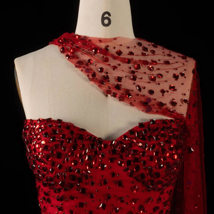 Glamorous Red Sheer Mesh Crystal Beaded Mermaid Evening Dress with Cape SS711