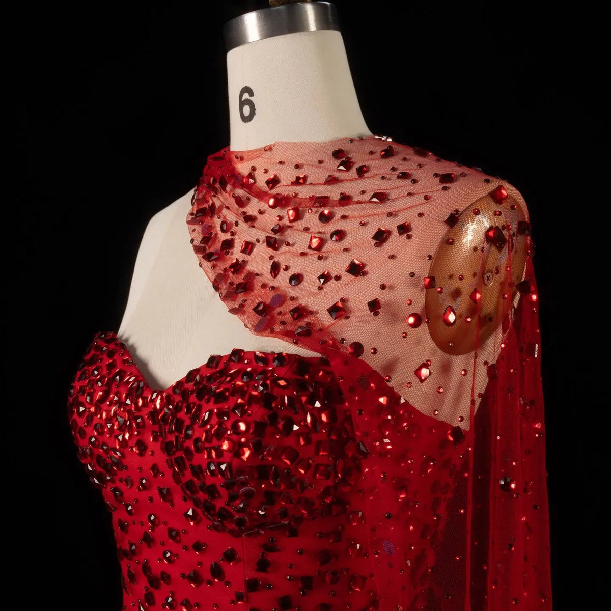 Glamorous Red Sheer Mesh Crystal Beaded Mermaid Evening Dress with Cape SS711