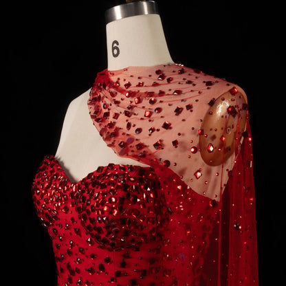 Glamorous Red Sheer Mesh Crystal Beaded Mermaid Evening Dress with Cape SS711