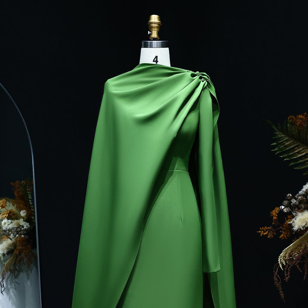 Luxury Green Long Sleeves Mermaid Satin Evening Dress with Cape SF068
