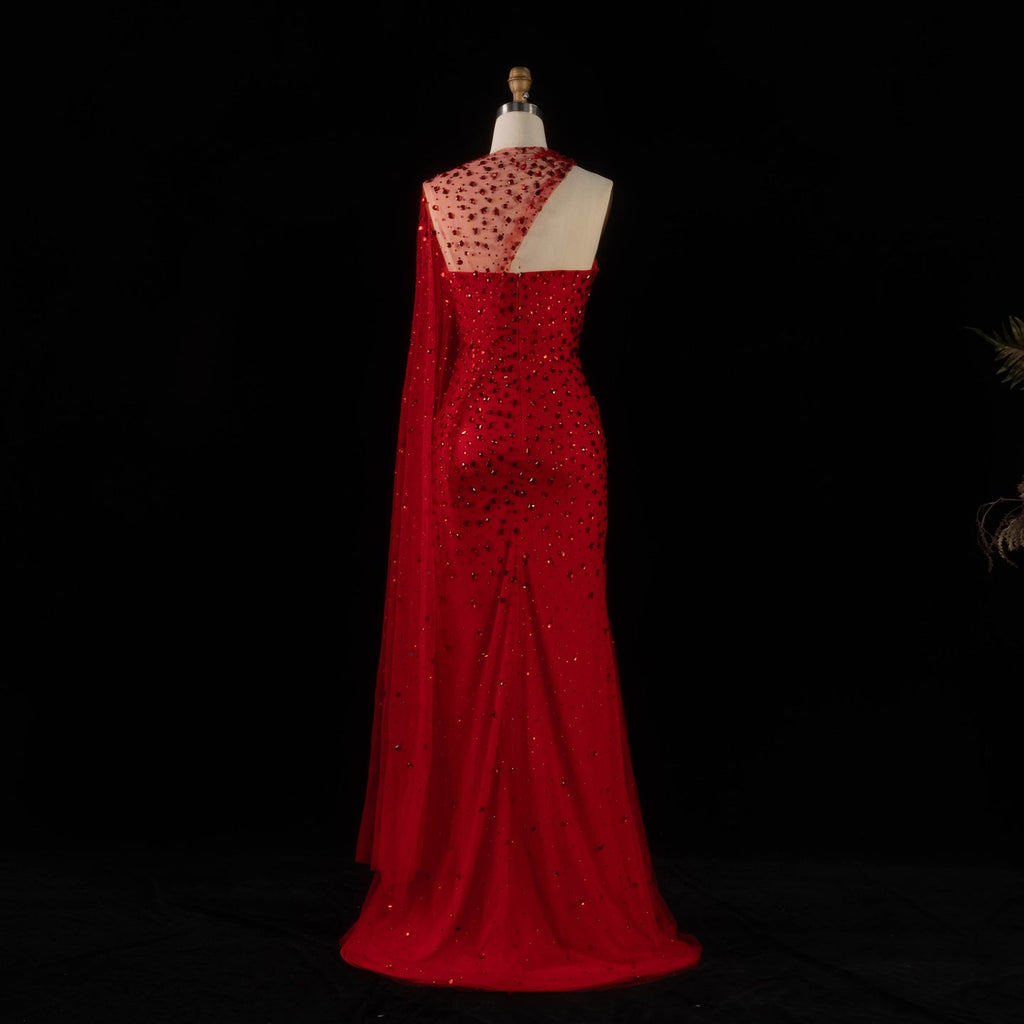 Luxury Red Sheer Mesh Crystal Beaded Mermaid Evening Dress with Cape SS711