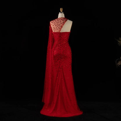Glamorous Red Sheer Mesh Crystal Beaded Mermaid Evening Dress with Cape SS711