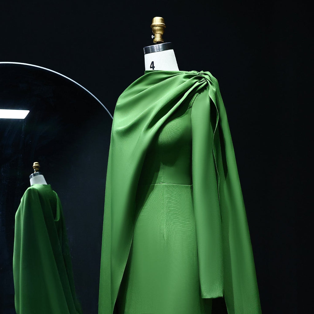 Luxury Green Long Sleeves Mermaid Satin Evening Dress with Cape SF068