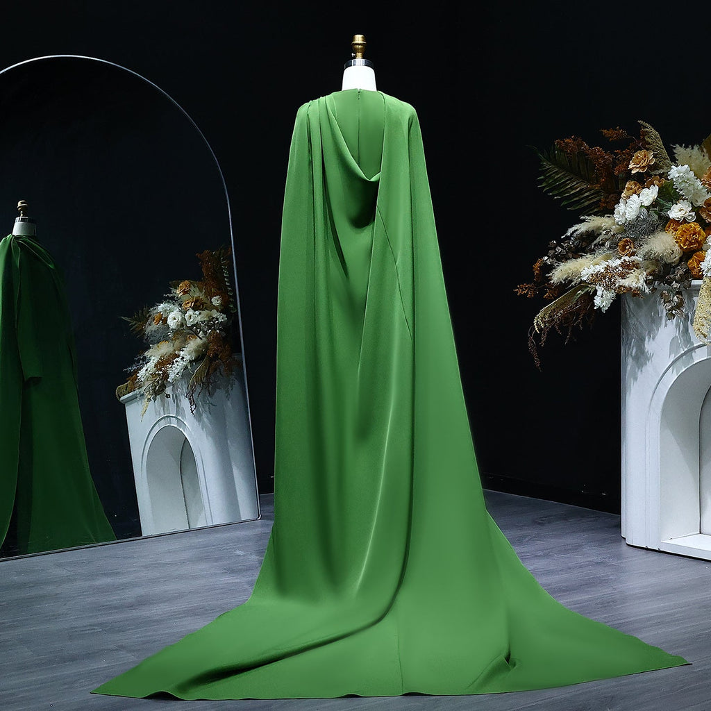 Luxury Green Long Sleeves Mermaid Satin Evening Dress with Cape SF068