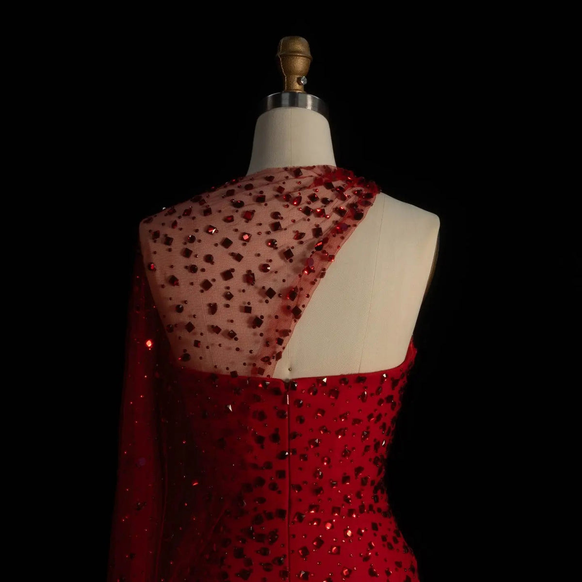 Glamorous Red Sheer Mesh Crystal Beaded Mermaid Evening Dress with Cape SS711