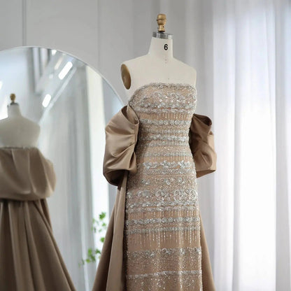 Luxury Sage Green Beaded Evening Dress with Cape SS238