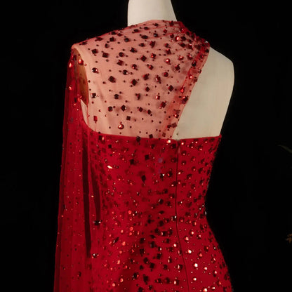 Glamorous Red Sheer Mesh Crystal Beaded Mermaid Evening Dress with Cape SS711