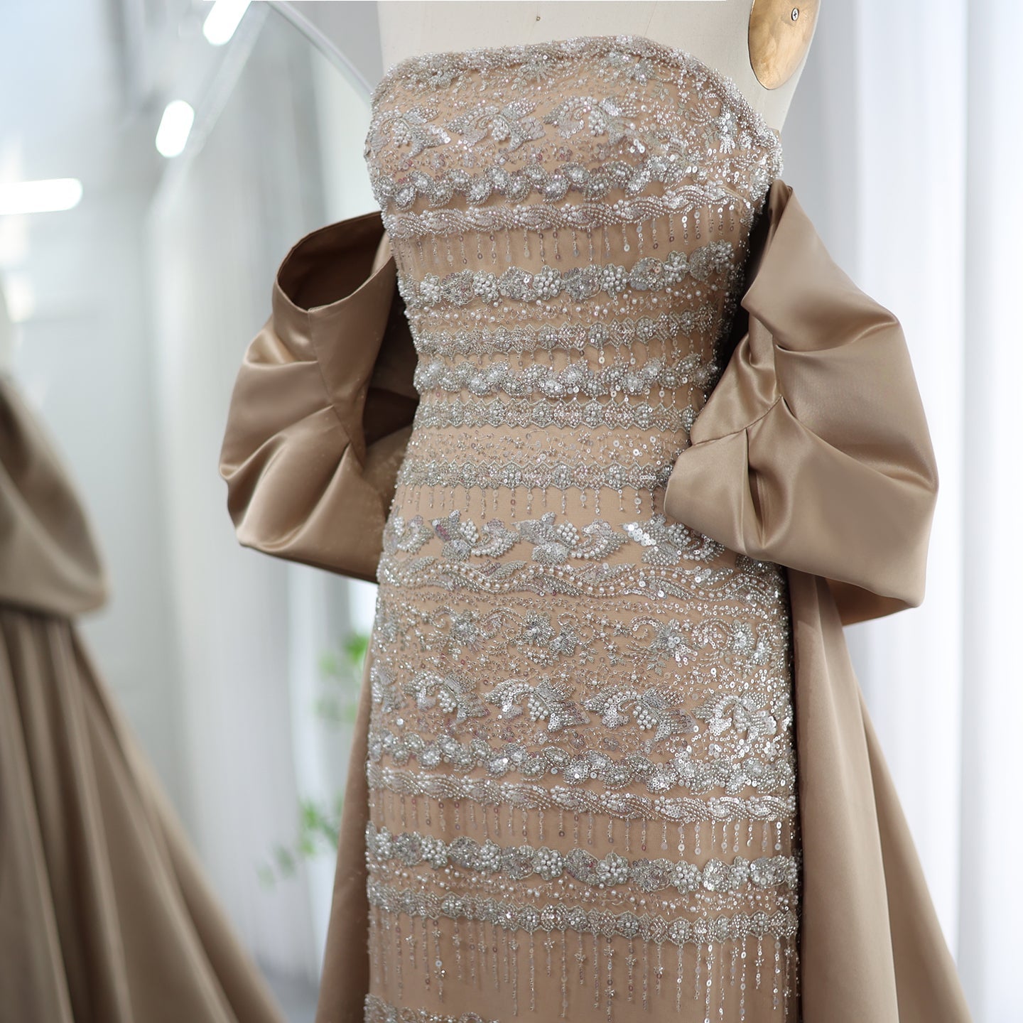 Luxury Beaded Sage Green Evening Dresses with Cape SS238