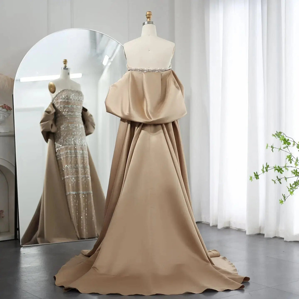 Luxury Sage Green Beaded Evening Dress with Cape SS238