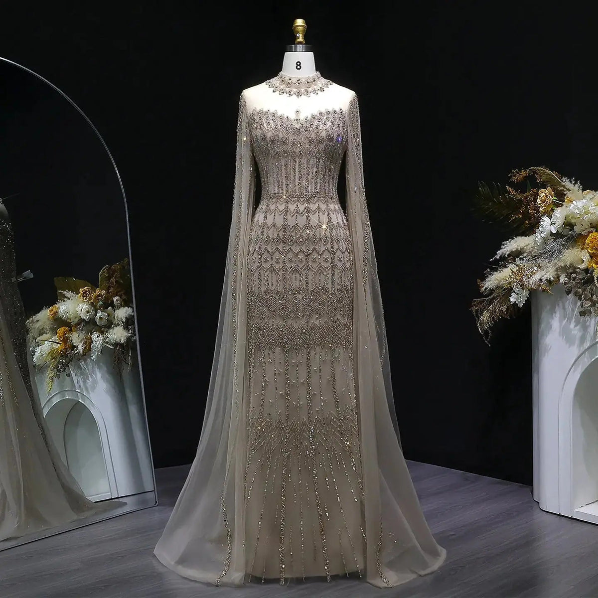 Luxury Green Long Sleeve Sequin Beaded Formal Evening Dress SS150