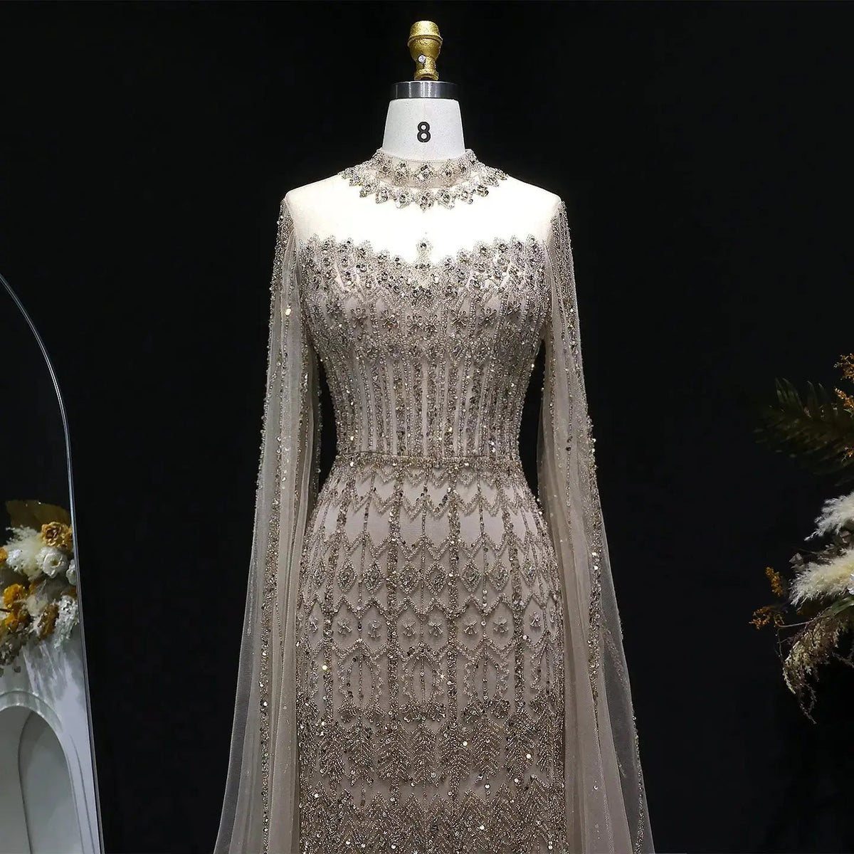 Luxury Green Long Sleeve Sequin Beaded Formal Evening Dress SS150
