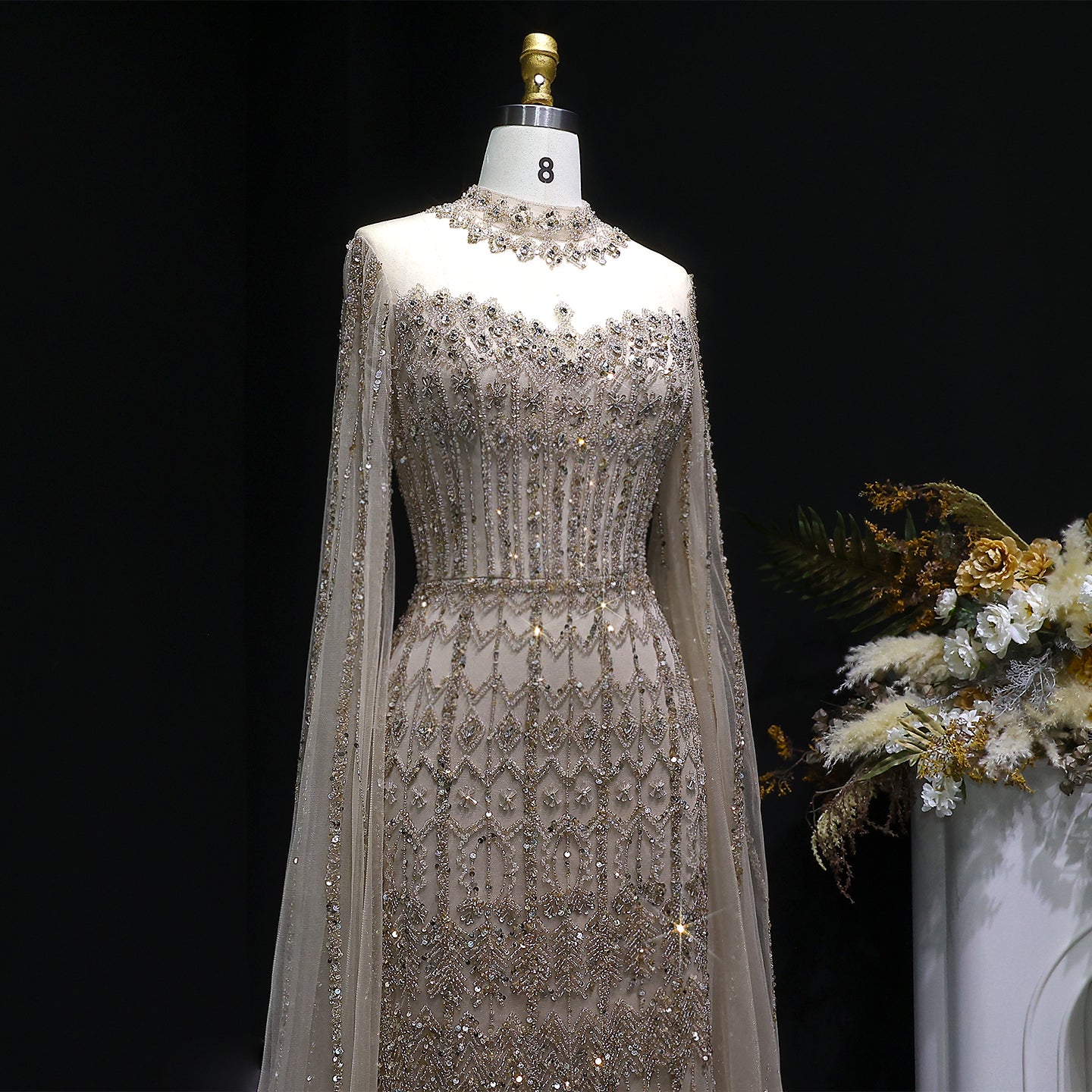 Green Luxury Long Sleeve Sequin Beaded Formal Evening Dress SS150
