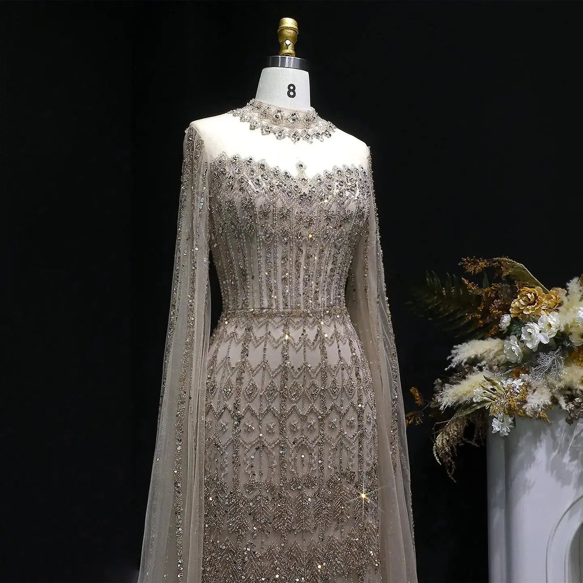 Luxury Green Long Sleeve Sequin Beaded Formal Evening Dress SS150