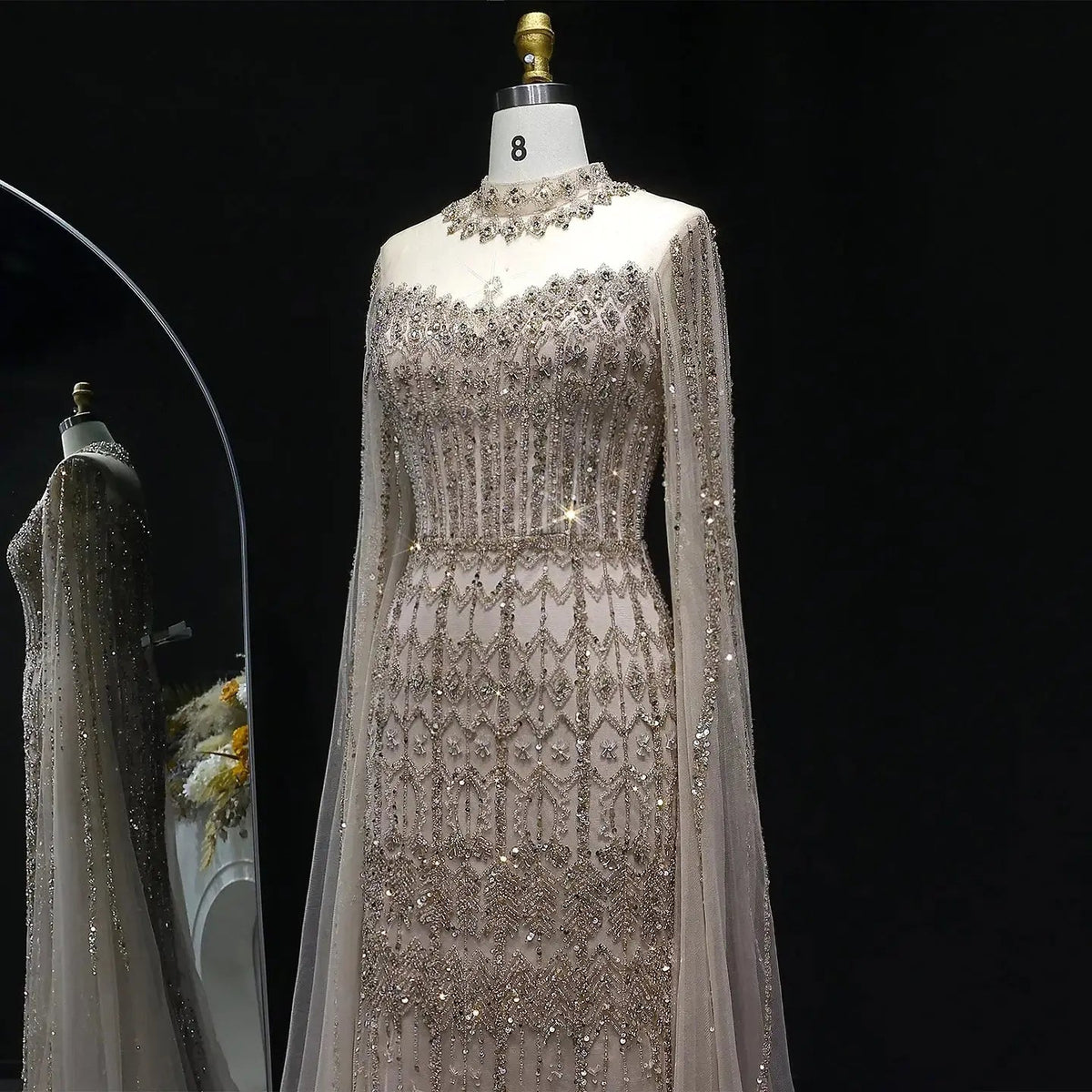 Luxury Green Long Sleeve Sequin Beaded Formal Evening Dress SS150