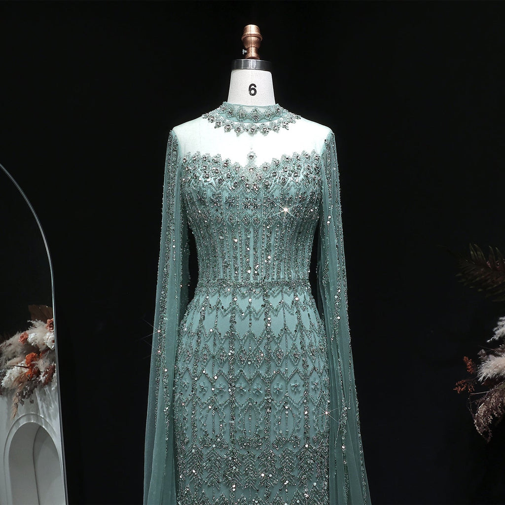 Green Luxury Long Sleeve Sequin Beaded Formal Evening Dress SS150