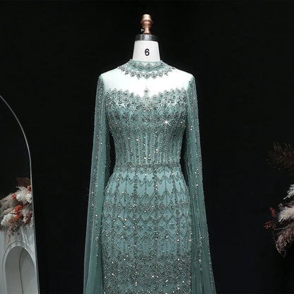 Luxury Green Long Sleeve Sequin Beaded Formal Evening Dress SS150