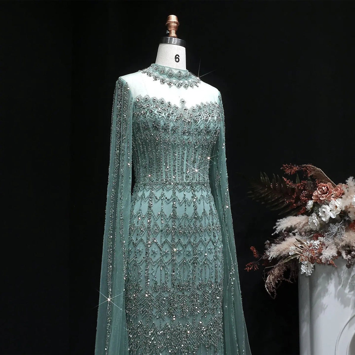 Luxury Green Long Sleeve Sequin Beaded Formal Evening Dress SS150