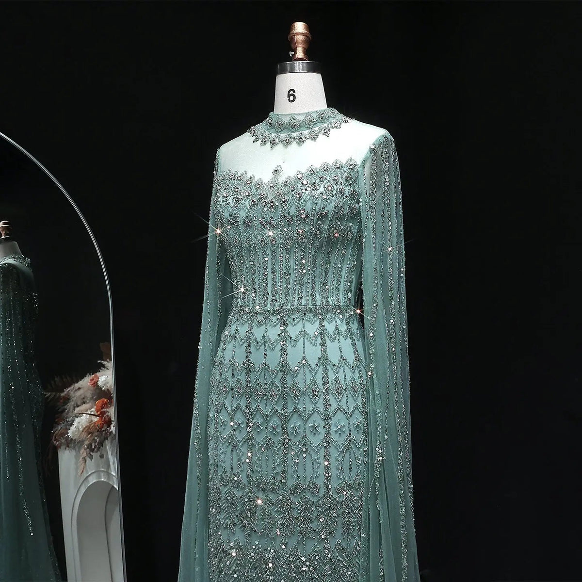 Luxury Green Long Sleeve Sequin Beaded Formal Evening Dress SS150