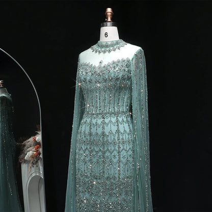 Luxury Green Long Sleeve Sequin Beaded Formal Evening Dress SS150