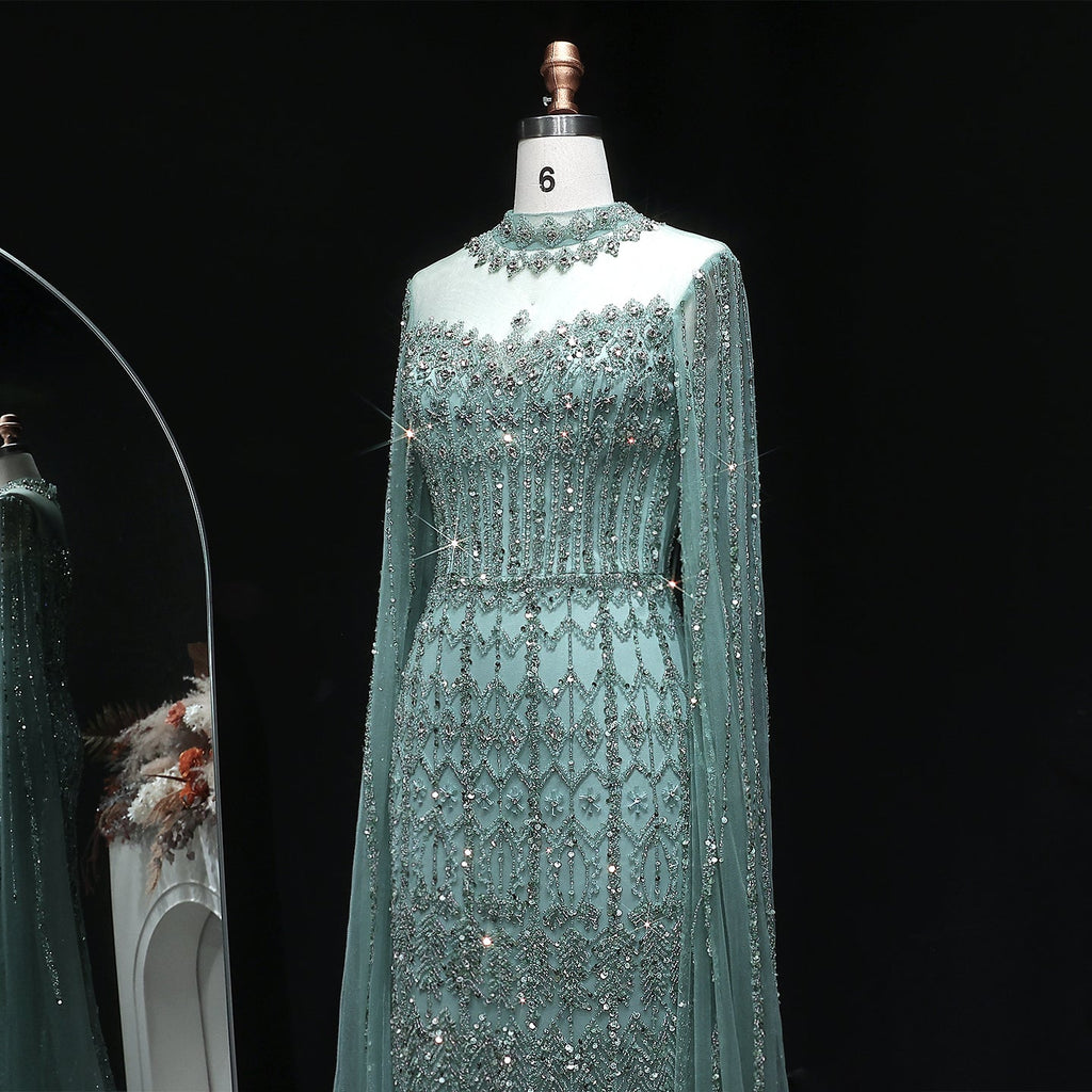 Green Luxury Long Sleeve Sequin Beaded Formal Evening Dress SS150