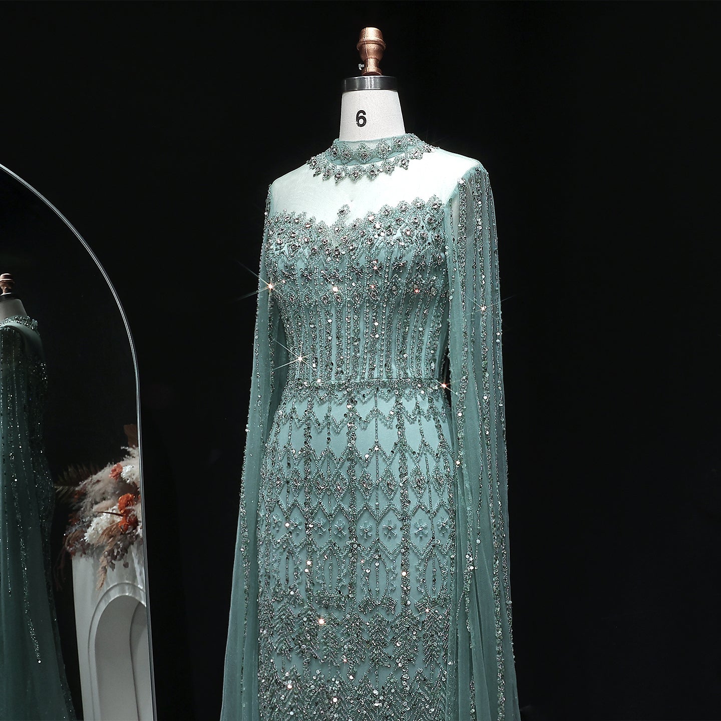 Green Luxury Long Sleeve Sequin Beaded Formal Evening Dress SS150