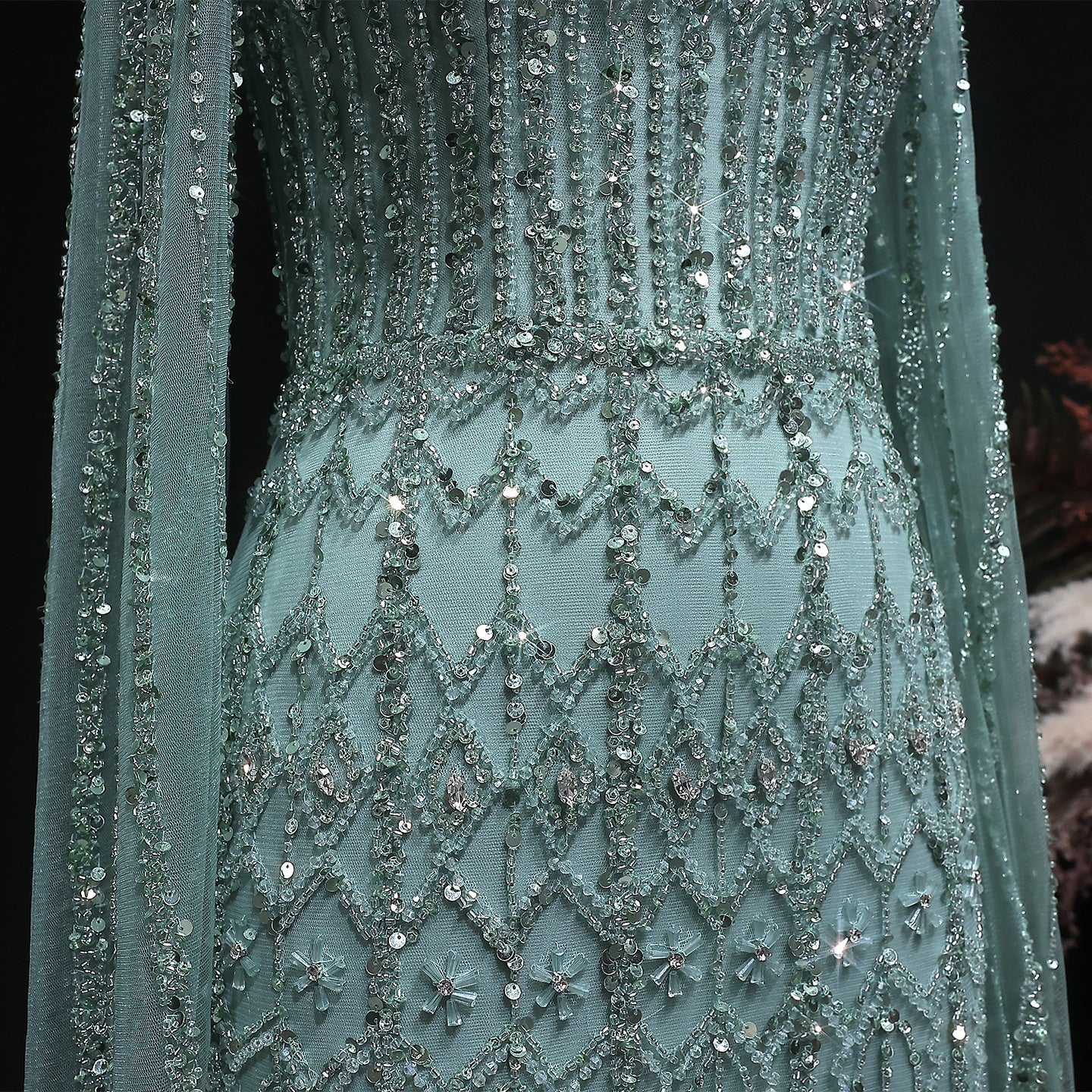 Green Luxury Long Sleeve Sequin Beaded Formal Evening Dress SS150