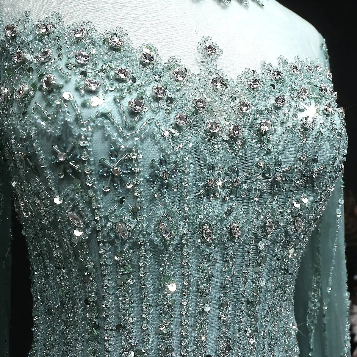 Luxury Green Long Sleeve Sequin Beaded Formal Evening Dress SS150