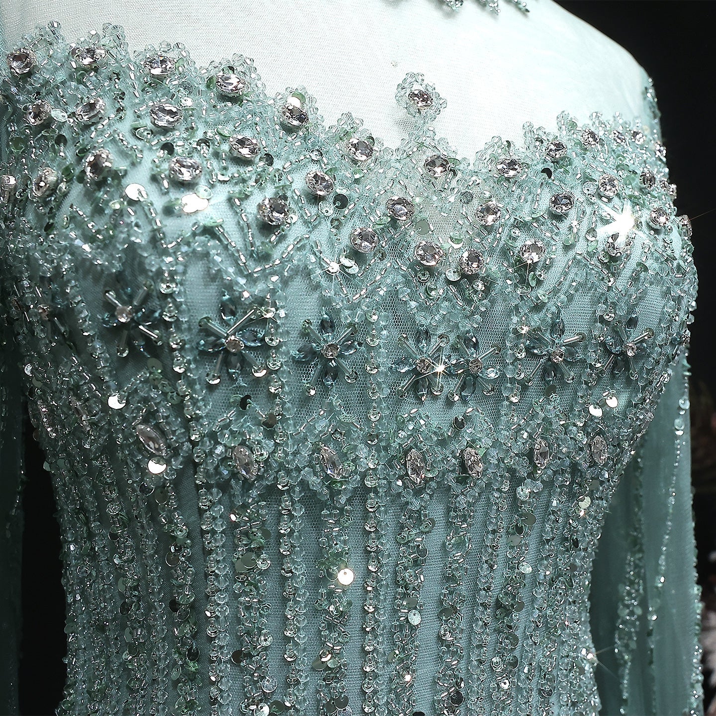 Green Luxury Long Sleeve Sequin Beaded Formal Evening Dress SS150