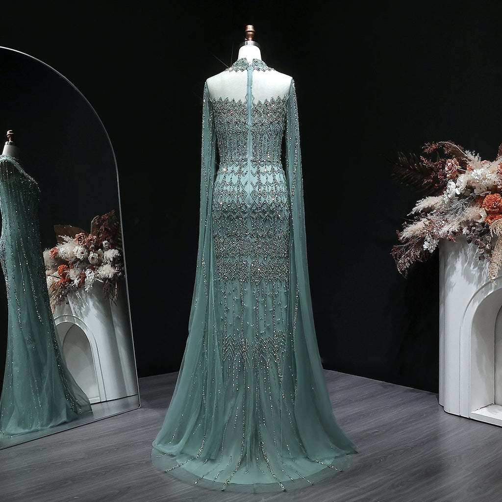 Green Luxury Long Sleeve Sequin Beaded Formal Evening Dress SS150