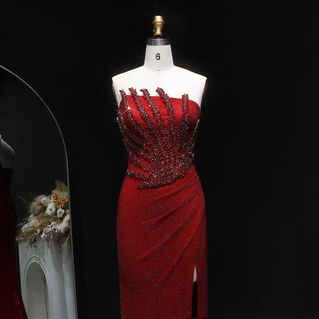 Luxury Crystal Champagne Mermaid Evening Dress with Slit SS528