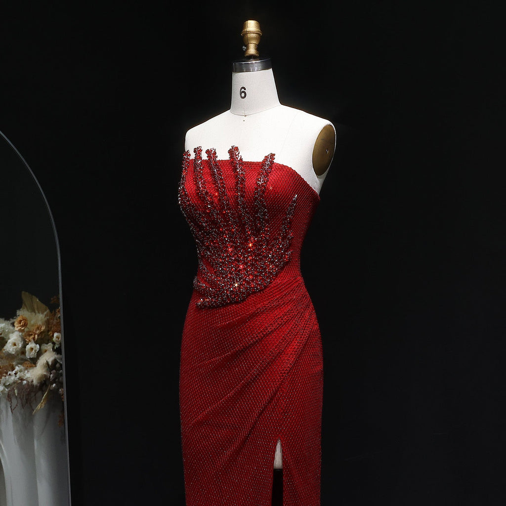 Luxury Crystal Champagne Mermaid Evening Dress with Slit SS528
