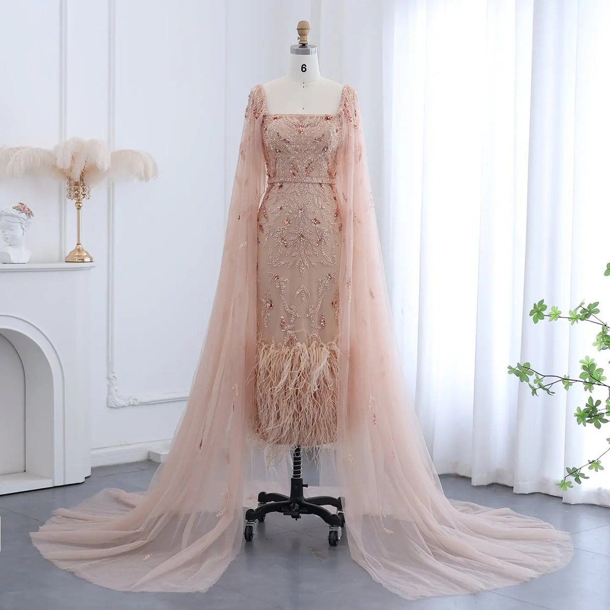 Luxury Feathers Lilac Evening Dress with Cape Sleeves SS381
