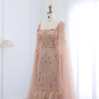 Luxury Feathers Lilac Evening Dress with Cape Sleeves SS381