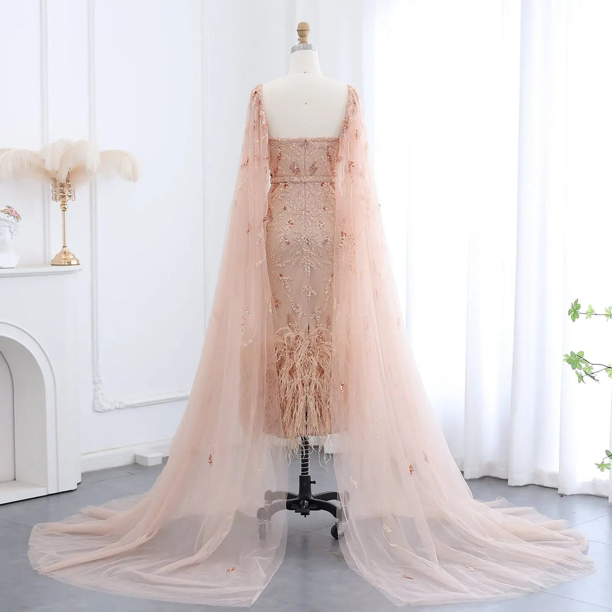 Luxury Feathers Lilac Evening Dress with Cape Sleeves SS381