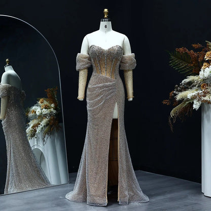 Luxury Crystal Silver Evening Dress with Sleeves Slit SS426