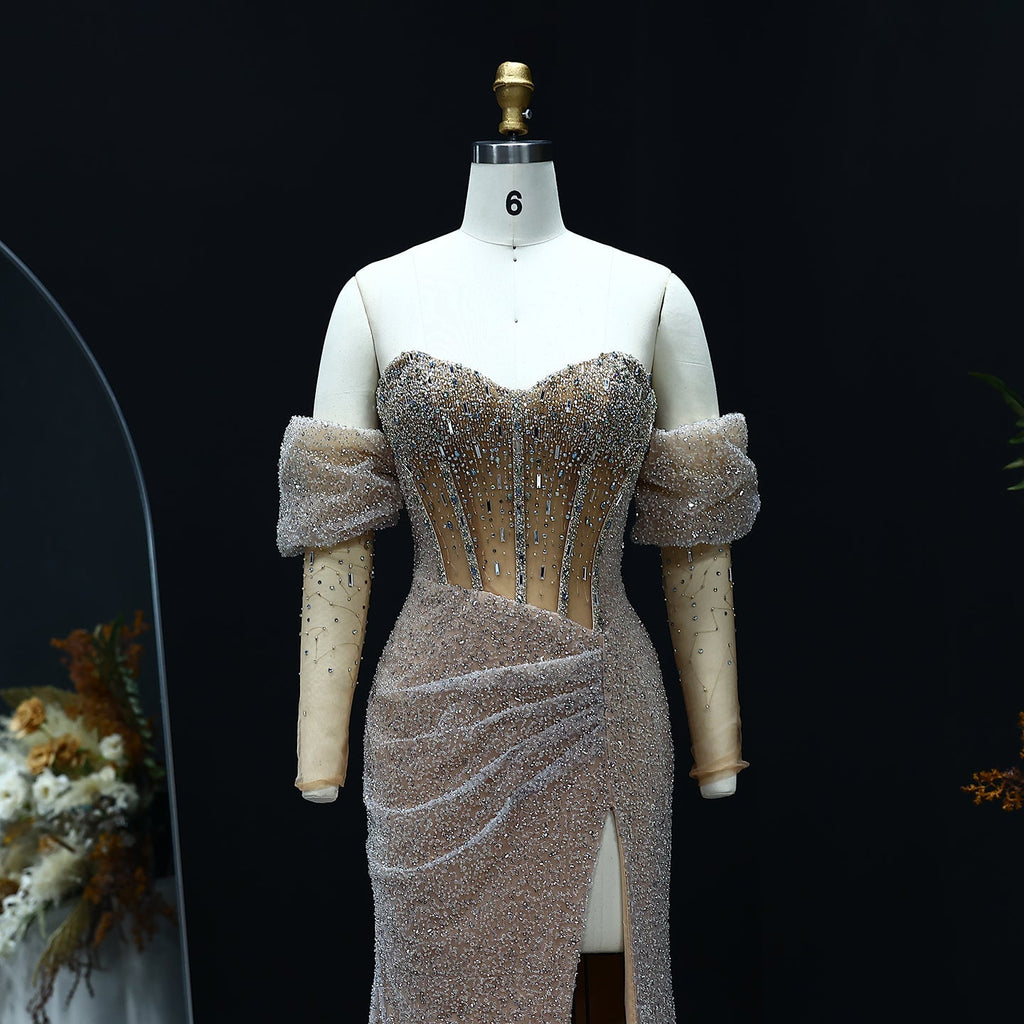 Luxury Crystal Silver Evening Dress with Sleeves Slit SS426