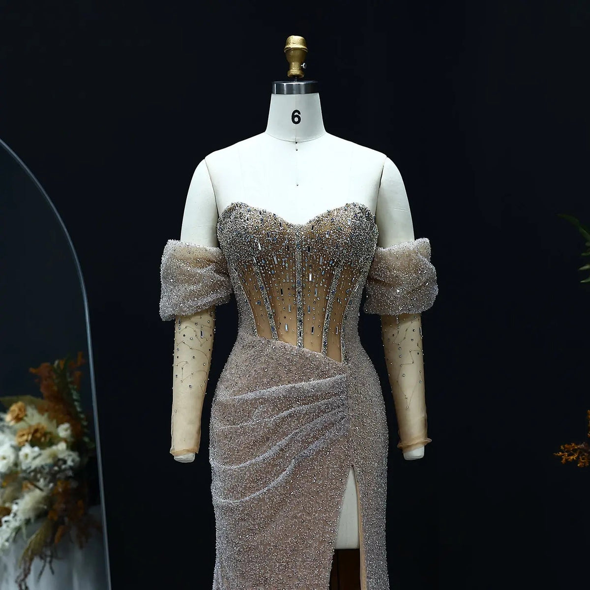 Luxury Crystal Silver Evening Dress with Sleeves Slit SS426